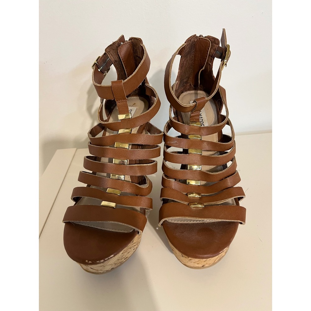 Steve Madden Womens Cognac Brown Strappy Cork Platform Wedge Sandals Gold Detail